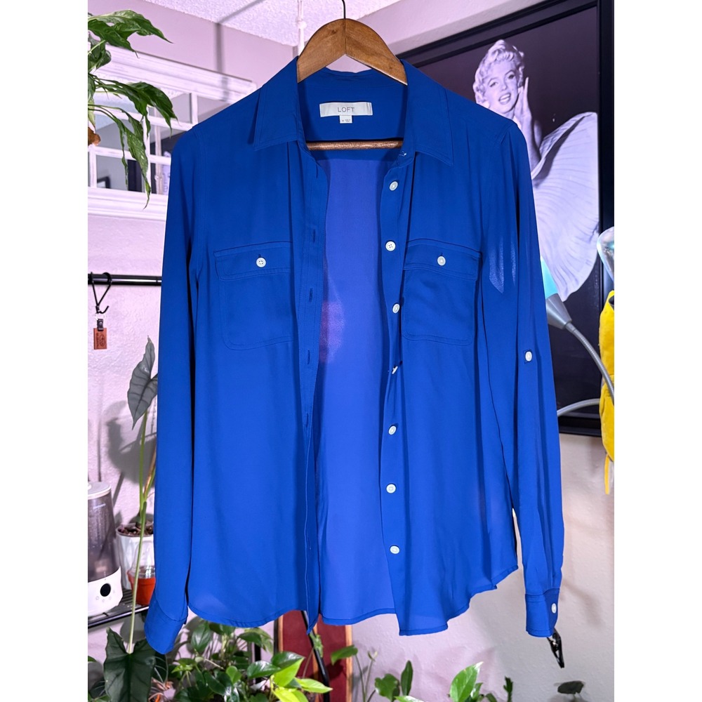 Loft Button Down Blouse Womens Medium Blue Roll Tab Sleeve Utility Shirt - Picture 2 of 11